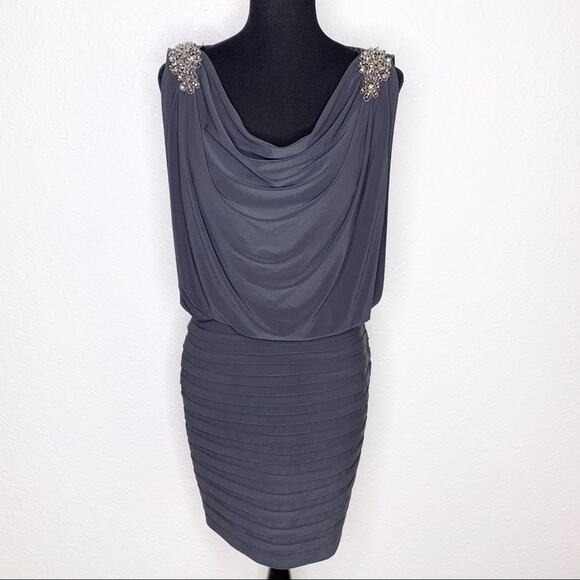 Cache charcoal gray rhinestone shoulder open back dress size 6 - Picture 1 of 15